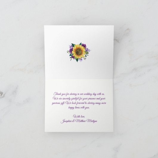 Rustige Zonnebloem Paarse Floral Wedding Bedankkaart (Binnen)