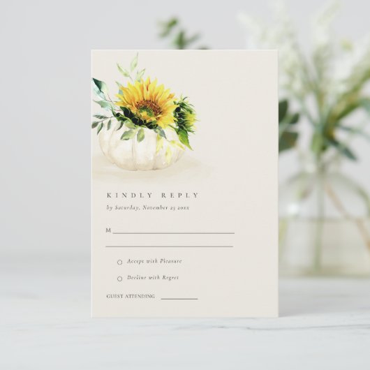 Rustige zonnebloem pompoen Floral Wedding RSVP Informatiekaartje (Staand voorkant)