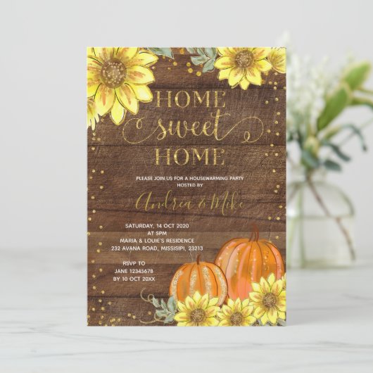 Rustige zonnebloem Pompoen Housewarming Party Kaart (Staand voorkant)