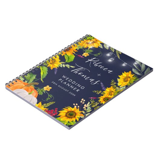 Rustige zonnebloem pompoenblauw bruiloft notitieboek (Linkerzijde)