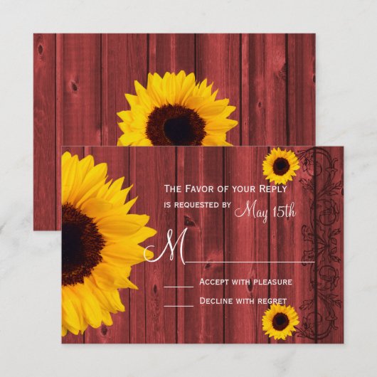Rustige Zonnebloem Rode Barn Wood Weddenschap RSVP (Voorkant / Achterkant)