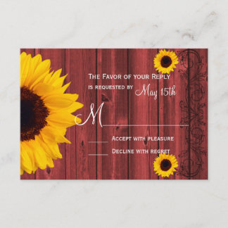 Rustige Zonnebloem Rode Barn Wood Weddenschap RSVP Kaartje