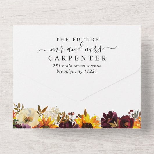 Rustige zonnebloem Rode Florale Waterverf bruiloft All In One Uitnodiging (Achterkant)