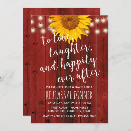 Rustige Zonnebloem Rood Barn Wedding Rehearsal Din Kaart (Voorkant / Achterkant)