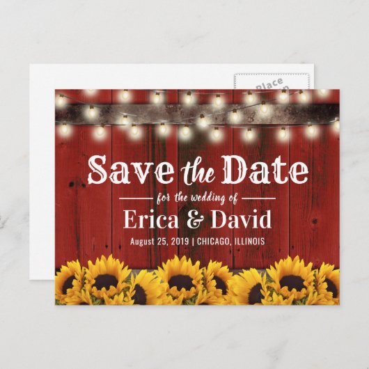 Rustige zonnebloem Rood Barn Wood Bespaar de datum Aankondigingskaart (Voorkant / Achterkant)