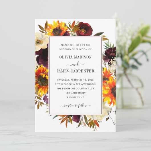 Rustige zonnebloem Roos Bourgogne Herfst Floral We Kaart (Staand voorkant)