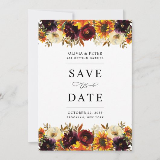 Rustige zonnebloem Roos Bourgogne Herfst Floral We Save The Date (Voorkant)