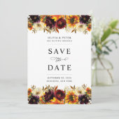 Rustige zonnebloem Roos Bourgogne Herfst Floral We Save The Date (Staand voorkant)