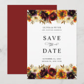 Rustige zonnebloem Roos Bourgogne Herfst Floral We Save The Date (Voorkant / Achterkant)