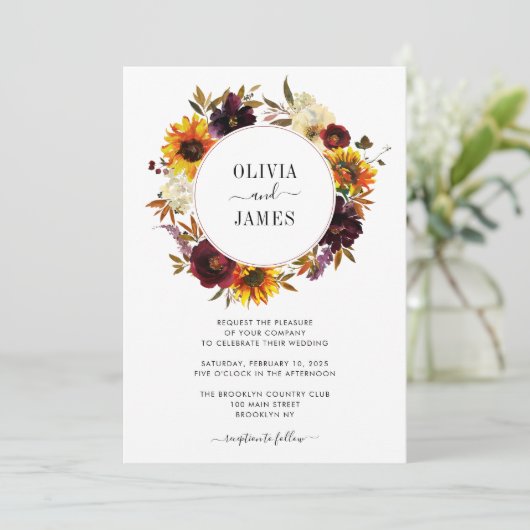 Rustige zonnebloem Roos Burgundy Herfst Wreath Wed Kaart (Staand voorkant)