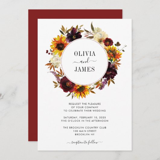 Rustige zonnebloem Roos Burgundy Herfst Wreath Wed Kaart (Voorkant / Achterkant)
