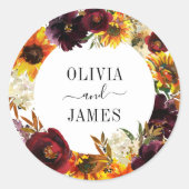 Rustige zonnebloem Roos Burgundy Herfst Wreath Wed Ronde Sticker (Voorkant)