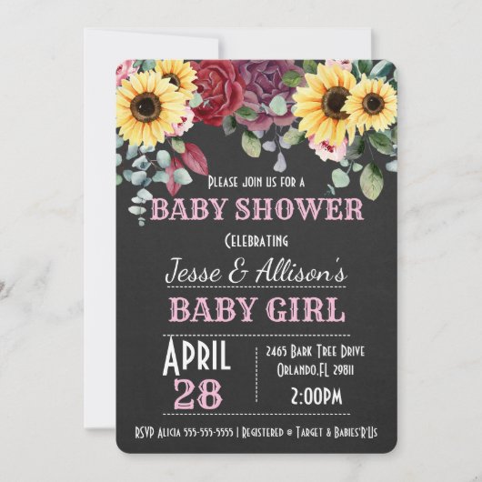 Rustige zonnebloem/Roos Floral Baby shower Invitat Kaart (Voorkant)