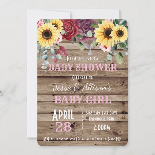 Rustige zonnebloem/Roos Floral Baby shower  Kaart (Voorkant)
