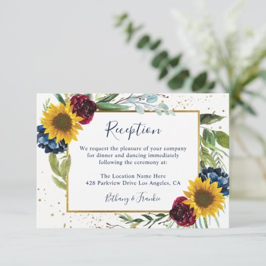 Rustige zonnebloem Roos - Ontvangst van bruiloft Informatiekaartje (Staand voorkant)
