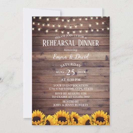 Rustige zonnebloem & String Lights Rehearsal Dinne Kaart (Voorkant)