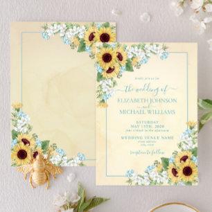 Rustige Zonnebloem Stusty Blue Yellow Floral Weddi Kaart
