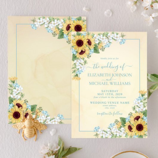 Rustige Zonnebloem Stusty Blue Yellow Floral Weddi Kaart