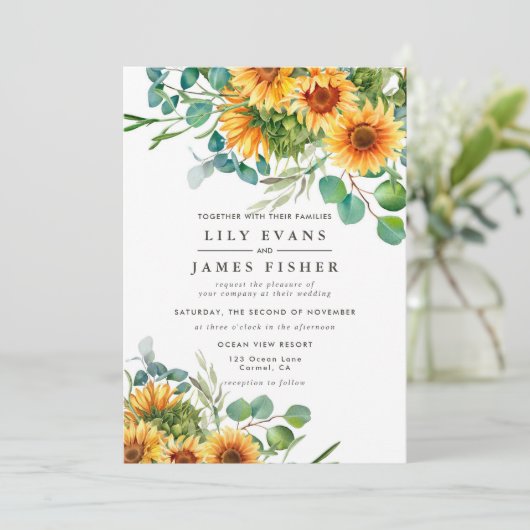 Rustige zonnebloem Weddenschap Uitnodiging tot voo (Staand voorkant)