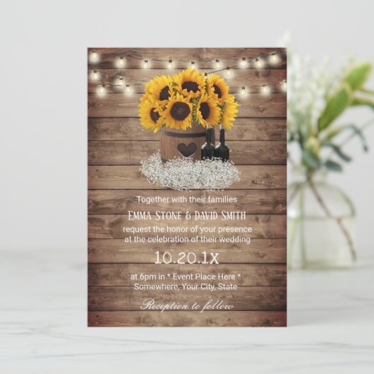 Rustige Zonnebloem Wijn Barrel Country Weddenschap Kaart (Staand voorkant)