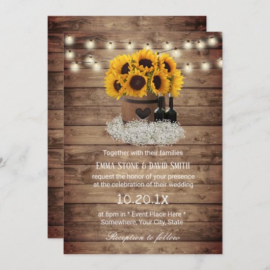 Rustige Zonnebloem Wijn Barrel Country Weddenschap Kaart (Voorkant / Achterkant)