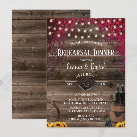 Rustige zonnebloem Wijn Barrel Rehearsal Dinner Kaart (Voorkant / Achterkant)
