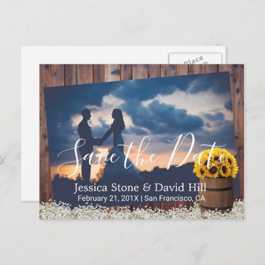 Rustige Zonnebloem Wijn Barrel Wedding Save the Da Aankondigingskaart (Voorkant / Achterkant)