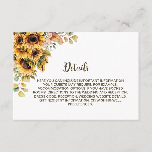 Rustige zonnebloembruiloft — Gegevens Informatiekaartje (Voorkant)