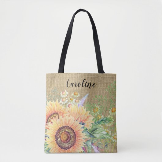 Rustige zonnebloemen | Aangepaste naam bruiloft Fa Tote Bag (Voorkant)