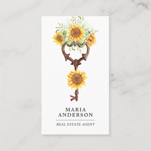 Rustige zonnebloemen Antiek Key Real Estate Agent Visitekaartje (Voorkant)