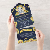Rustige zonnebloemen Baby shower blauw olifant All In One Uitnodiging (Afscheurbaar)