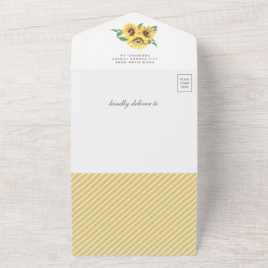 Rustige zonnebloemen Baby shower met ezelaar All In One Uitnodiging (Buitenkant)