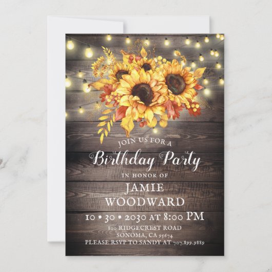 Rustige zonnebloemen Barn Wood Birthday Party Invi Kaart (Voorkant)
