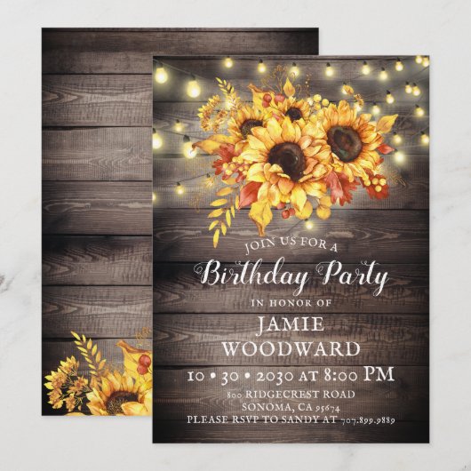 Rustige zonnebloemen Barn Wood Birthday Party Invi Kaart (Voorkant / Achterkant)