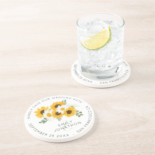 Rustige zonnebloemen bewaren de datum zandsteen onderzetter (Zijkant)