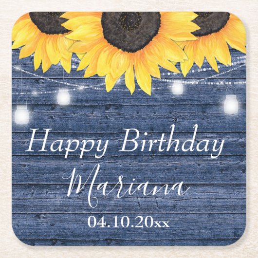 Rustige zonnebloemen Blauwe Birthday Party Kartonnen Onderzetters (Voorkant)