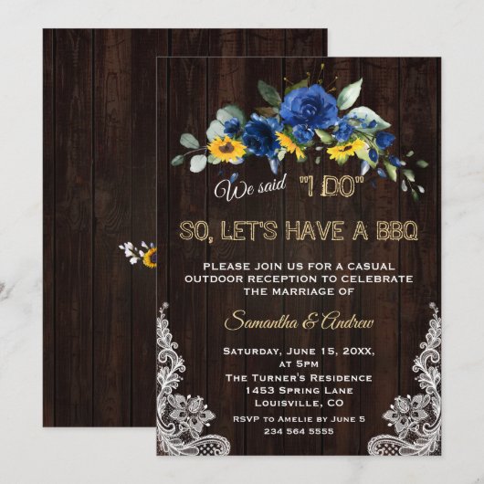 Rustige zonnebloemen Blauwe Bloemen Lace I DO BBQ Kaart (Voorkant / Achterkant)