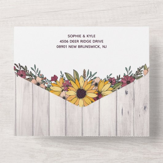 Rustige zonnebloemen Bleek Houtkorrel Wedding All In One Uitnodiging (Achterkant)
