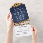 Rustige zonnebloemen Blue Wood Grain Wedding All In One Uitnodiging (Afscheurbaar)