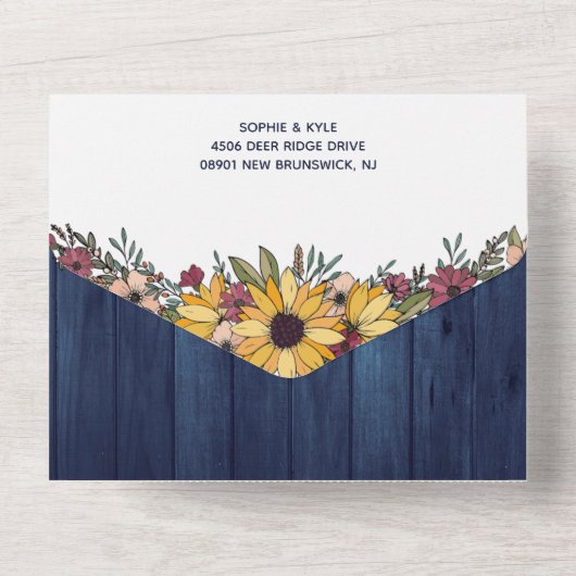 Rustige zonnebloemen Blue Wood Grain Wedding All In One Uitnodiging (Achterkant)