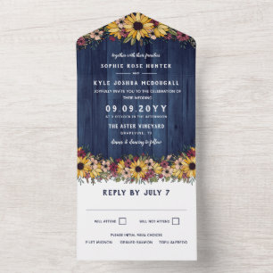 Rustige zonnebloemen Blue Wood Grain Wedding All In One Uitnodiging