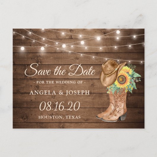 Rustige zonnebloemen Boots Western Save the Date Aankondigingskaart (Voorkant)