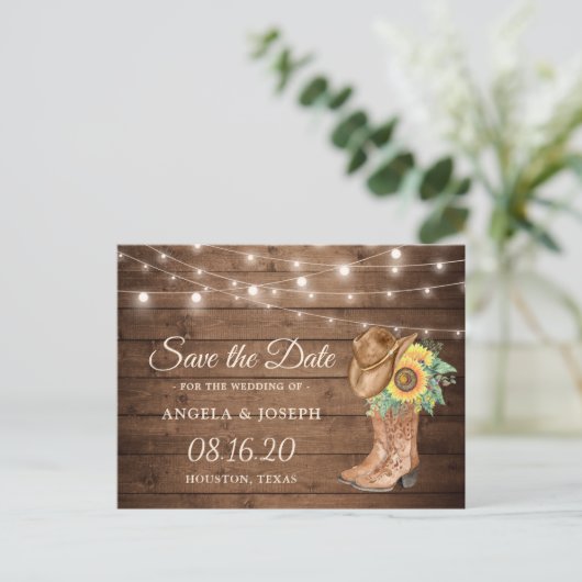 Rustige zonnebloemen Boots Western Save the Date Aankondigingskaart (Staand voorkant)