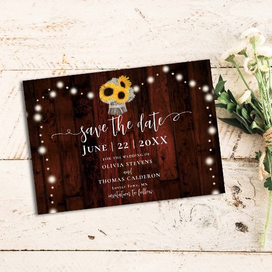 Rustige zonnebloemen Bouquet Lights Barn Wood Wedd Save The Date