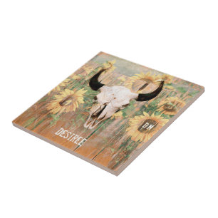 Rustige zonnebloemen Bull Koe Westerne schedel Tegeltje