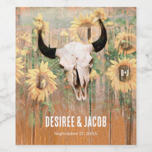 Rustige zonnebloemen Bull Skull Floral Western Wijn Etiket (Enkel label)