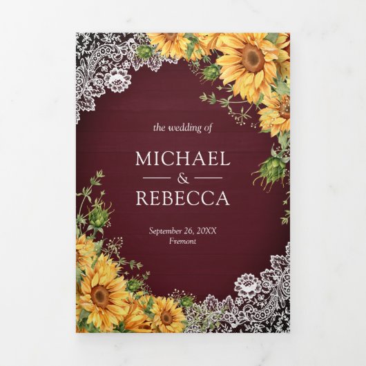 Rustige zonnebloemen Burgundy Wood QR Code Weddens Drieluik Uitnodiging (Cover)