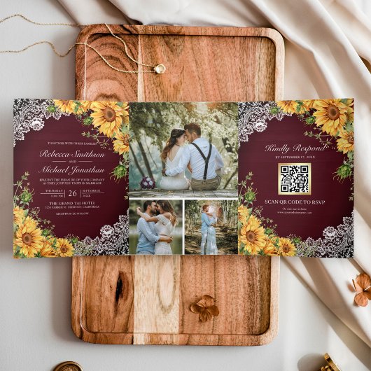 Rustige zonnebloemen Burgundy Wood QR Code Weddens Drieluik Uitnodiging