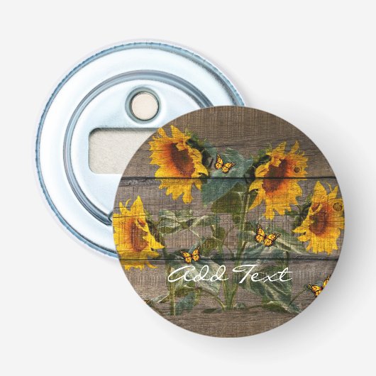Rustige zonnebloemen Butterflies Barn Board Button Flesopener (Voorkant)