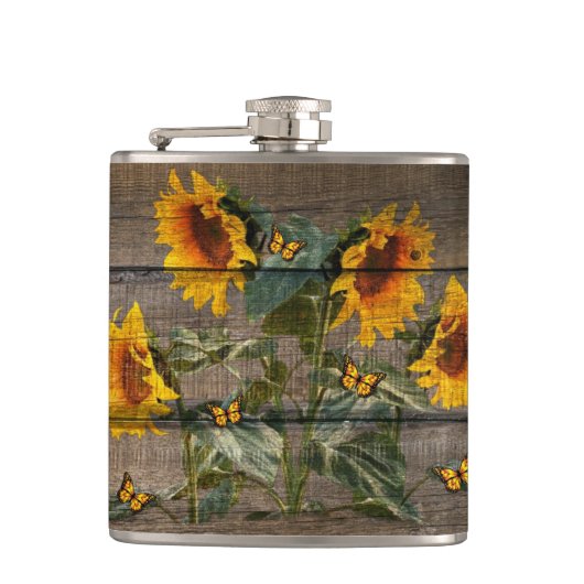 Rustige zonnebloemen Butterflies Barn Board Heupfles (Voorkant)